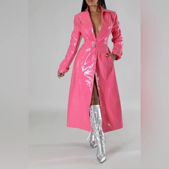 Pink Faux Leather Trench Coat - Picture 1 of 5
